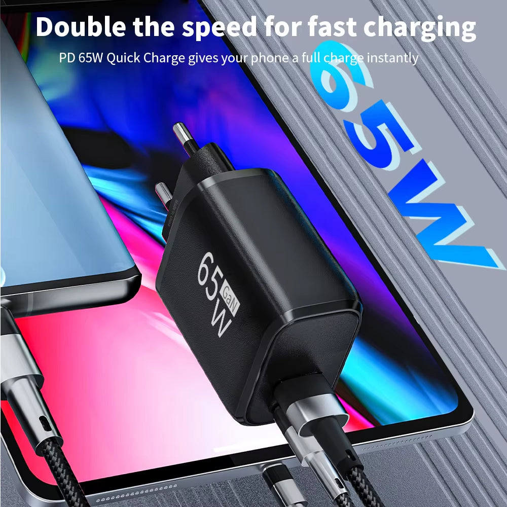 Gan 65W PD Fast Charger USB Typec Charger Cellphone Quick Charge3.0 EU/US Plug Wall Charger Adapter for Iphone Xiaomi 14 Samsung