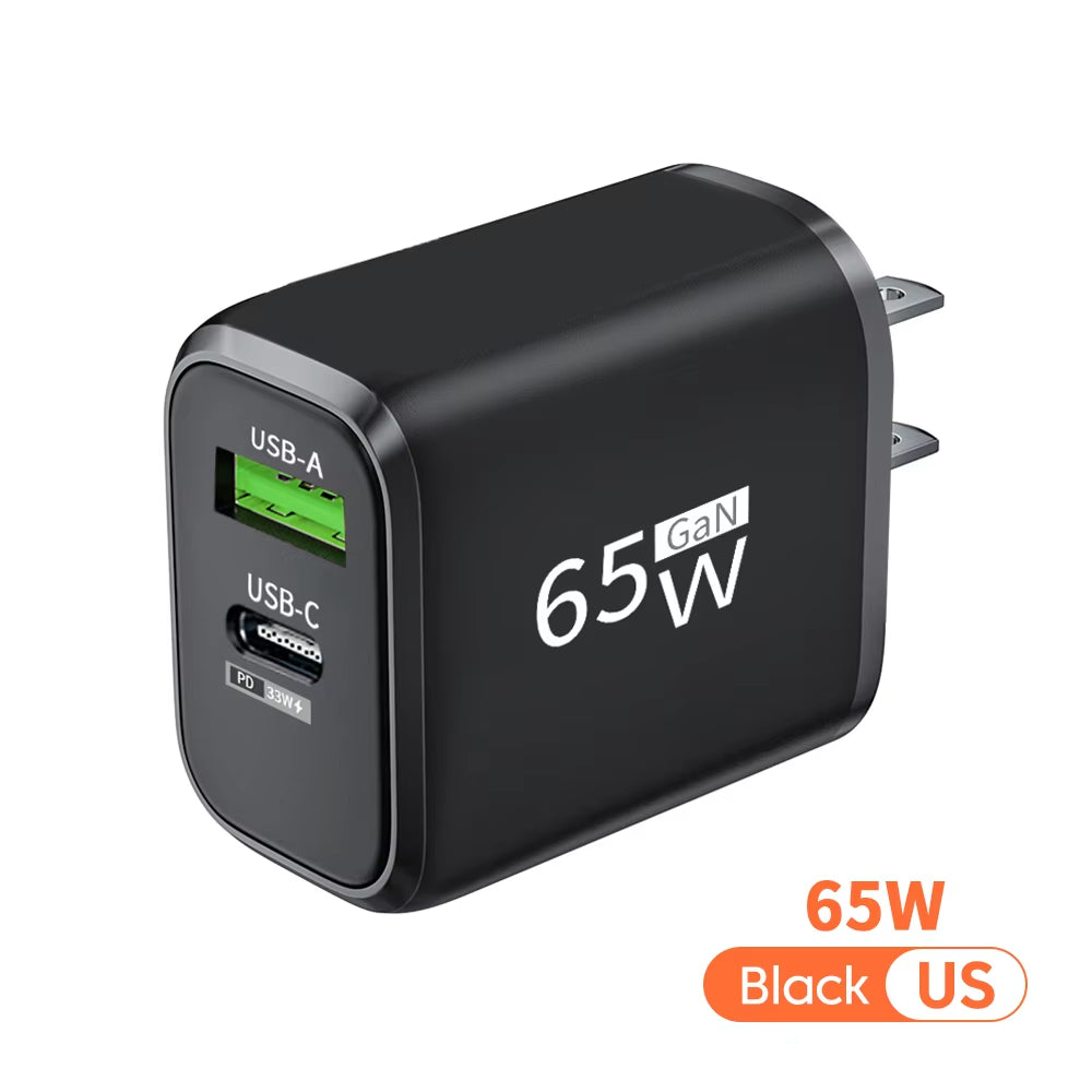 Gan 65W PD Fast Charger USB Typec Charger Cellphone Quick Charge3.0 EU/US Plug Wall Charger Adapter for Iphone Xiaomi 14 Samsung