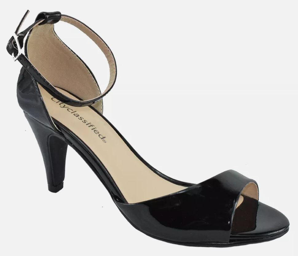 Black Patent Ankle Strap Heeled Sandals for Women – Open Toe Dress Sandals | Elegant Style
