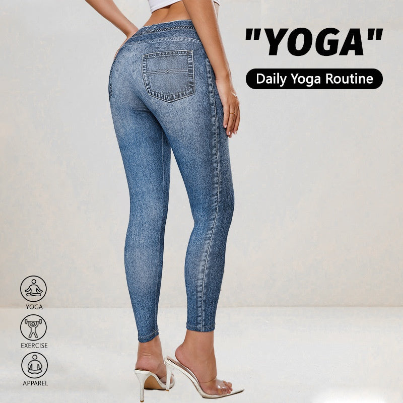 Retro High-Elastic Denim-Like Leggings Butt-Lifting Yoga Pants Denim-Style Yoga Pants Yoga Fitness Wear for Women