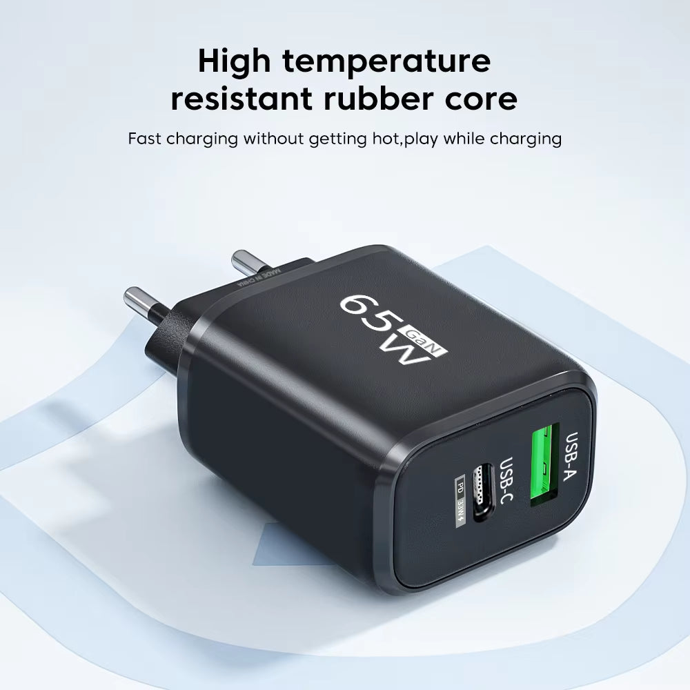Gan 65W PD Fast Charger USB Typec Charger Cellphone Quick Charge3.0 EU/US Plug Wall Charger Adapter for Iphone Xiaomi 14 Samsung