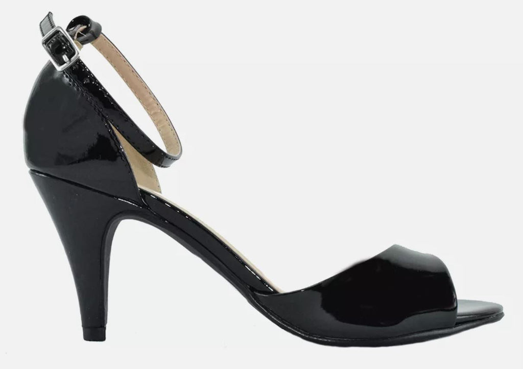 Black Patent Ankle Strap Heeled Sandals for Women – Open Toe Dress Sandals | Elegant Style