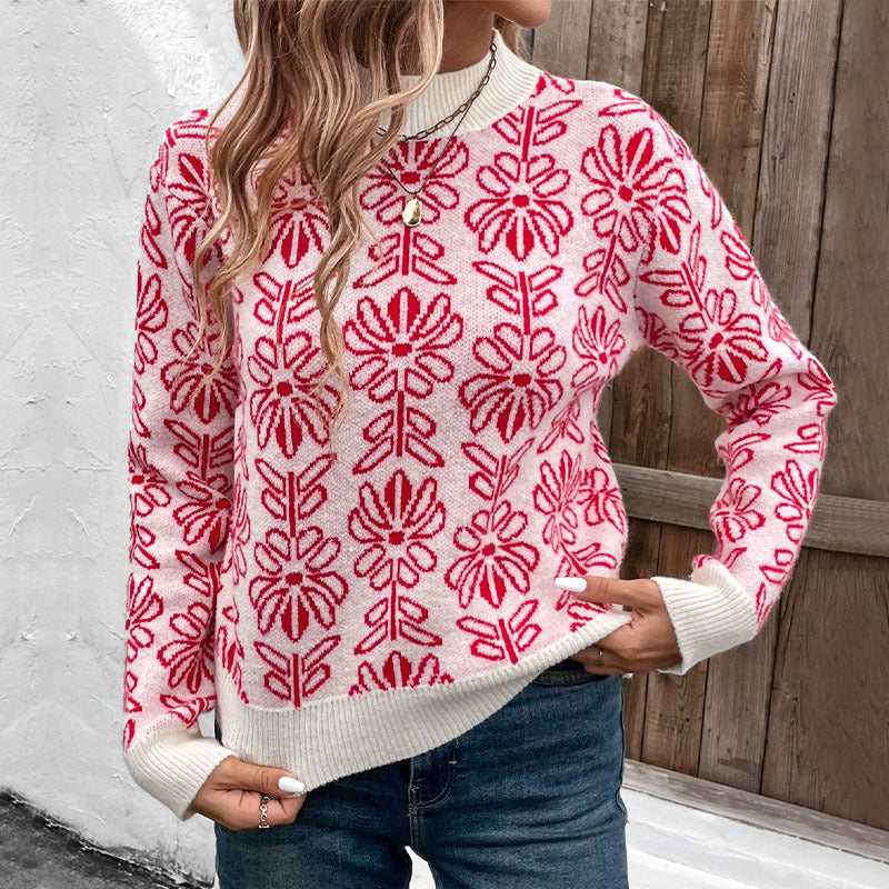 Red Fair Isle Jacquard Long Sleeve Mock Neck Women's Sweater