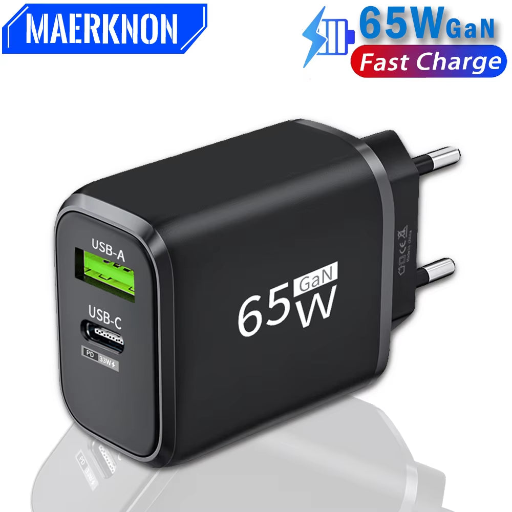 Gan 65W PD Fast Charger USB Typec Charger Cellphone Quick Charge3.0 EU/US Plug Wall Charger Adapter for Iphone Xiaomi 14 Samsung