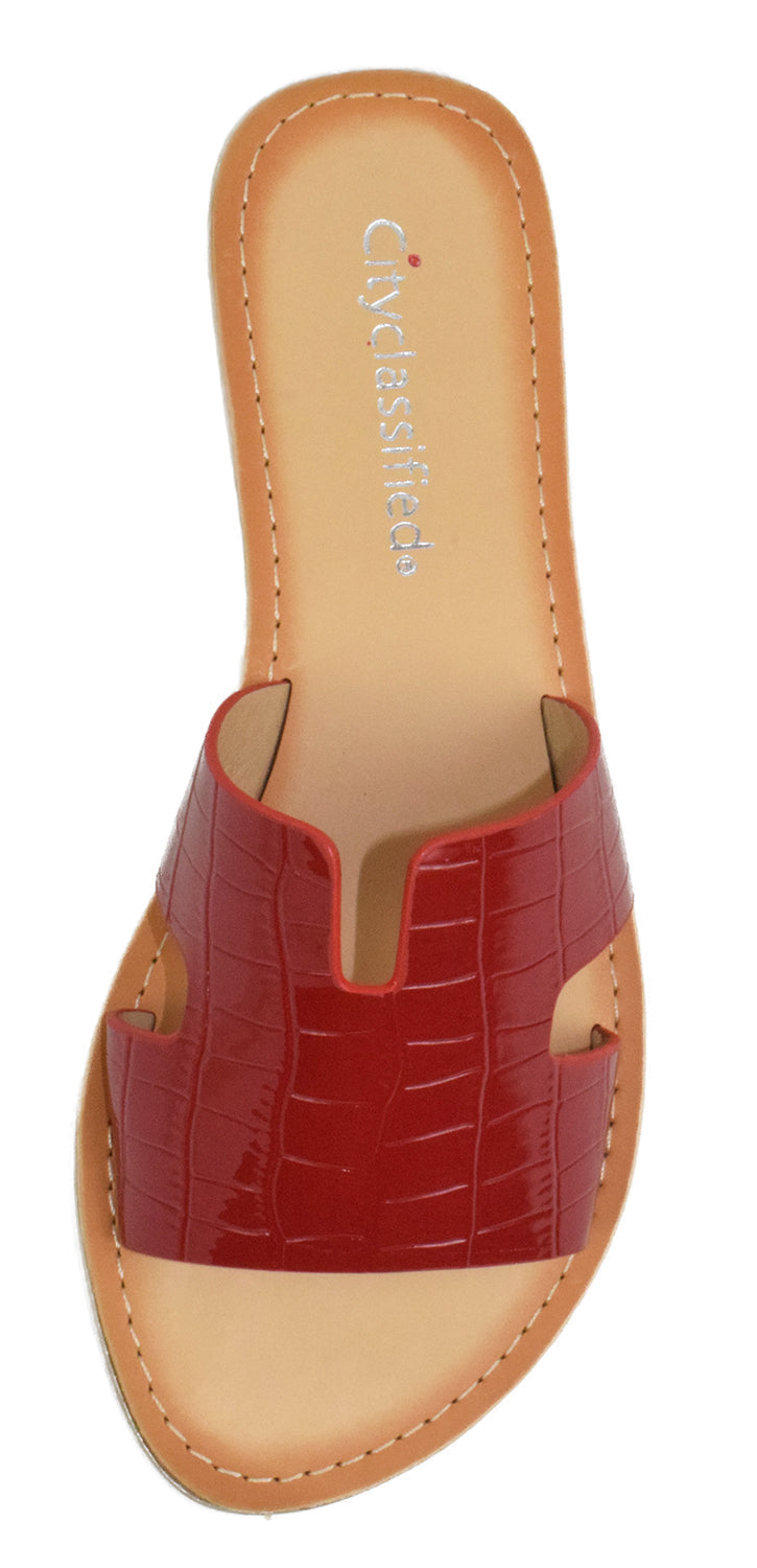 Red Croco Slide Sandals for Women – Flat Open Toe Slip-On Shoes | Chic Summer Style