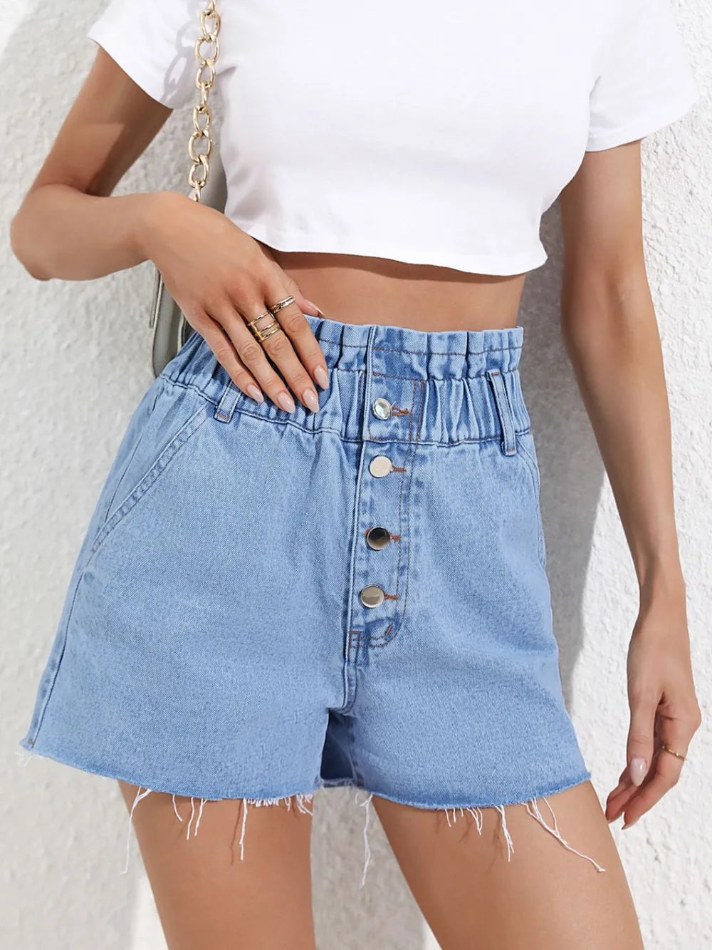 High Waist Frayed Denim Shorts for Women – Loose & Slimming Fit