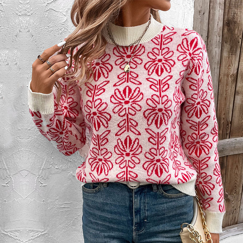 Red Fair Isle Jacquard Long Sleeve Mock Neck Women's Sweater