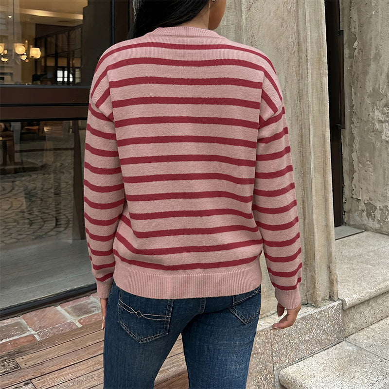 Red Striped Christmas Long Sleeve Knit Cardigan Sweater for Women