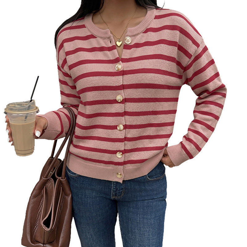 Red Striped Christmas Long Sleeve Knit Cardigan Sweater for Women