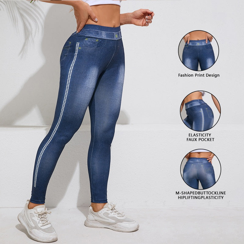 Retro High-Elastic Denim-Like Leggings Butt-Lifting Yoga Pants Denim-Style Yoga Pants Yoga Fitness Wear for Women
