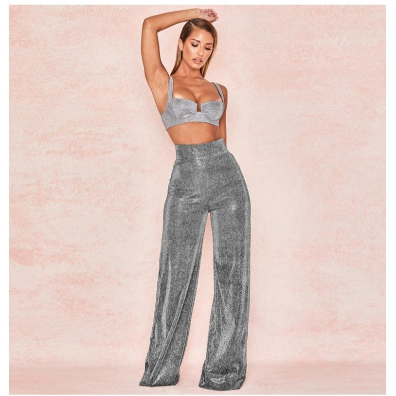 Pantalon de pierna ancha y cintura alta color gris plateado para mujer - foto 6