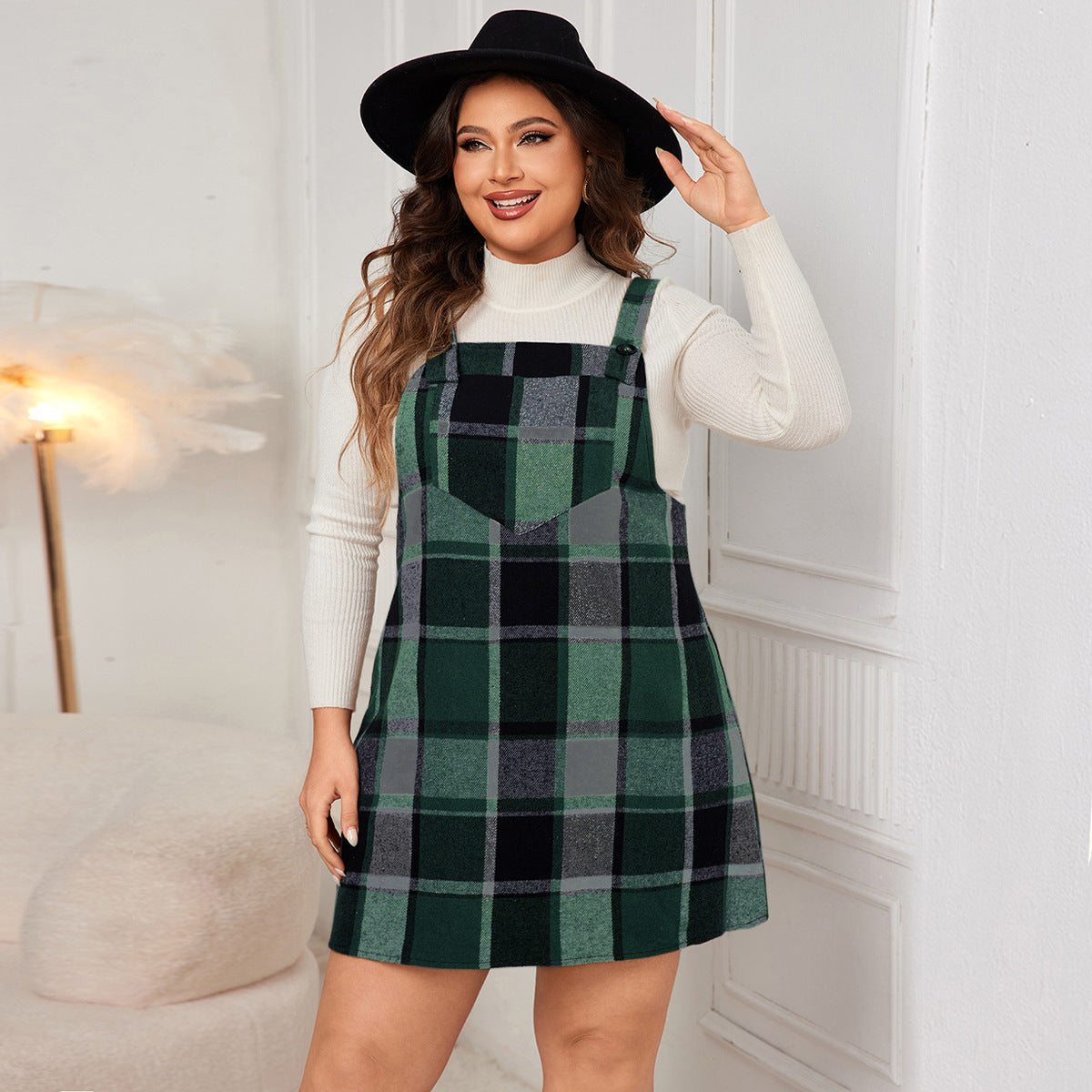 Oversized Plaid Pinafore Mini Dress – Sleeveless