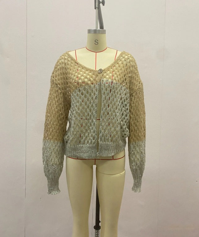 Cardigan tejido con cuello en V y diseno calado degradado - foto 6