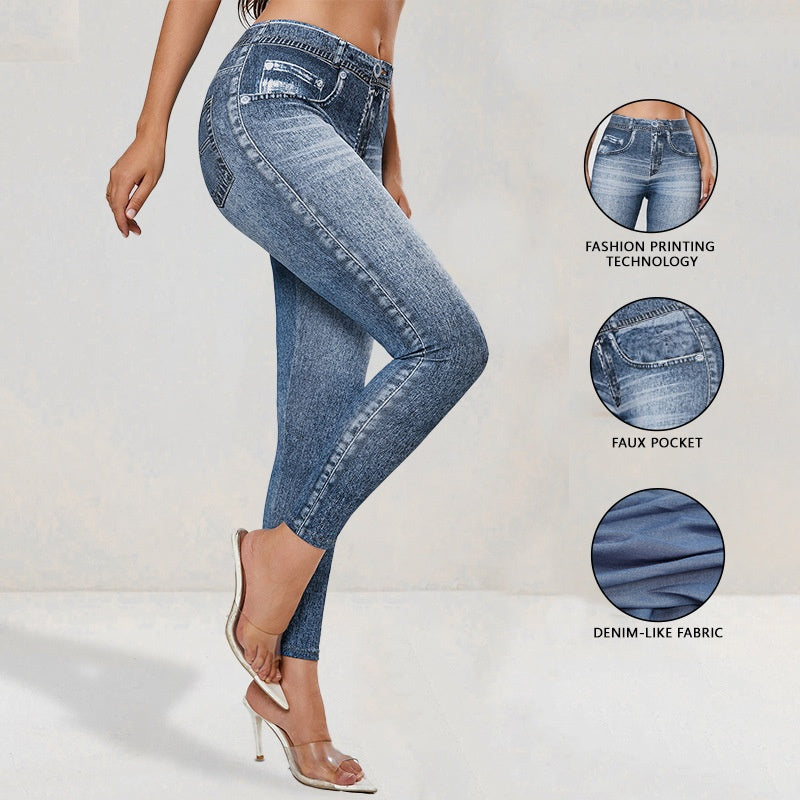 Retro High-Elastic Denim-Like Leggings Butt-Lifting Yoga Pants Denim-Style Yoga Pants Yoga Fitness Wear for Women
