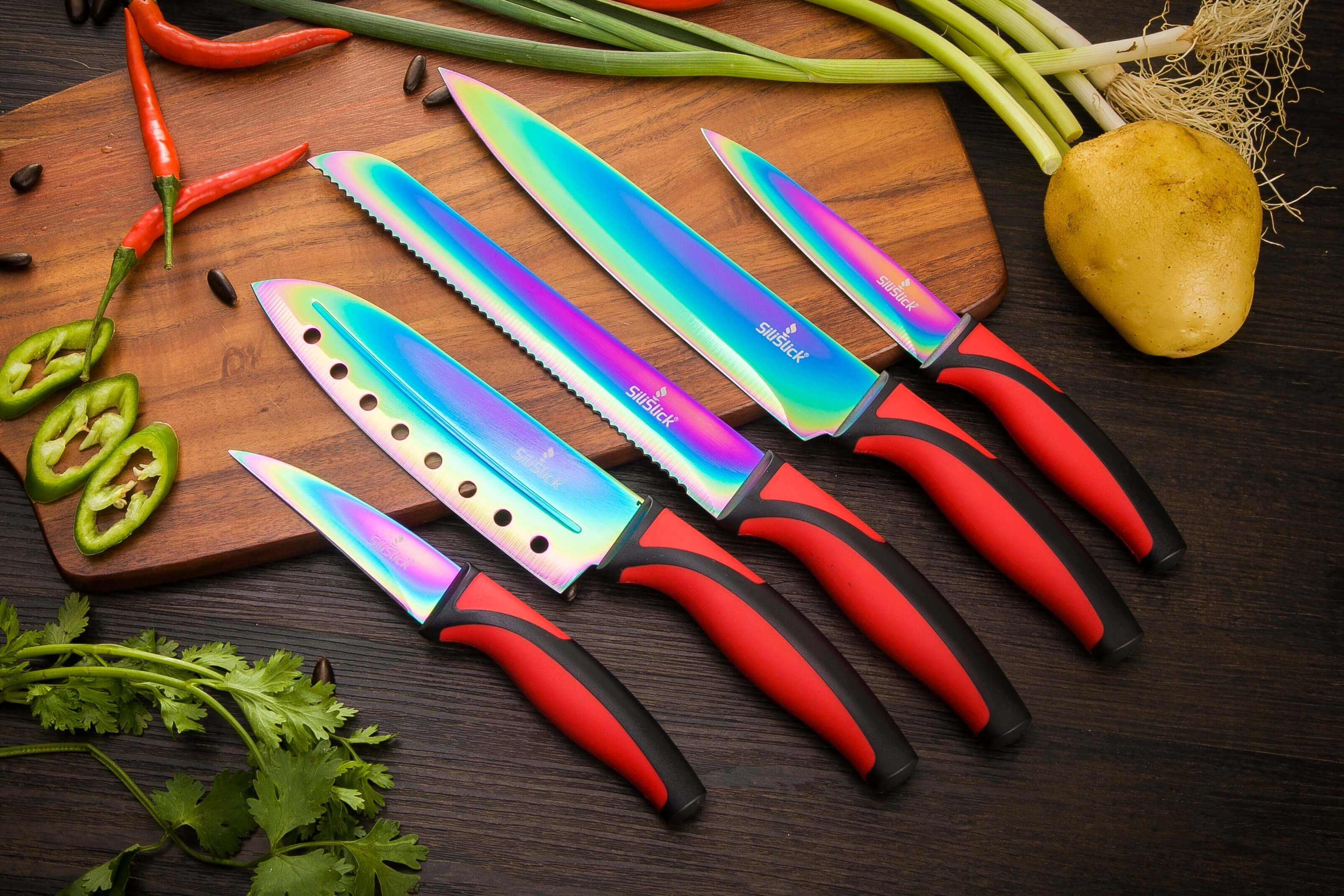 Set de Cuchillos de Cocina | Mango Rojo y Soporte Magnético Negro