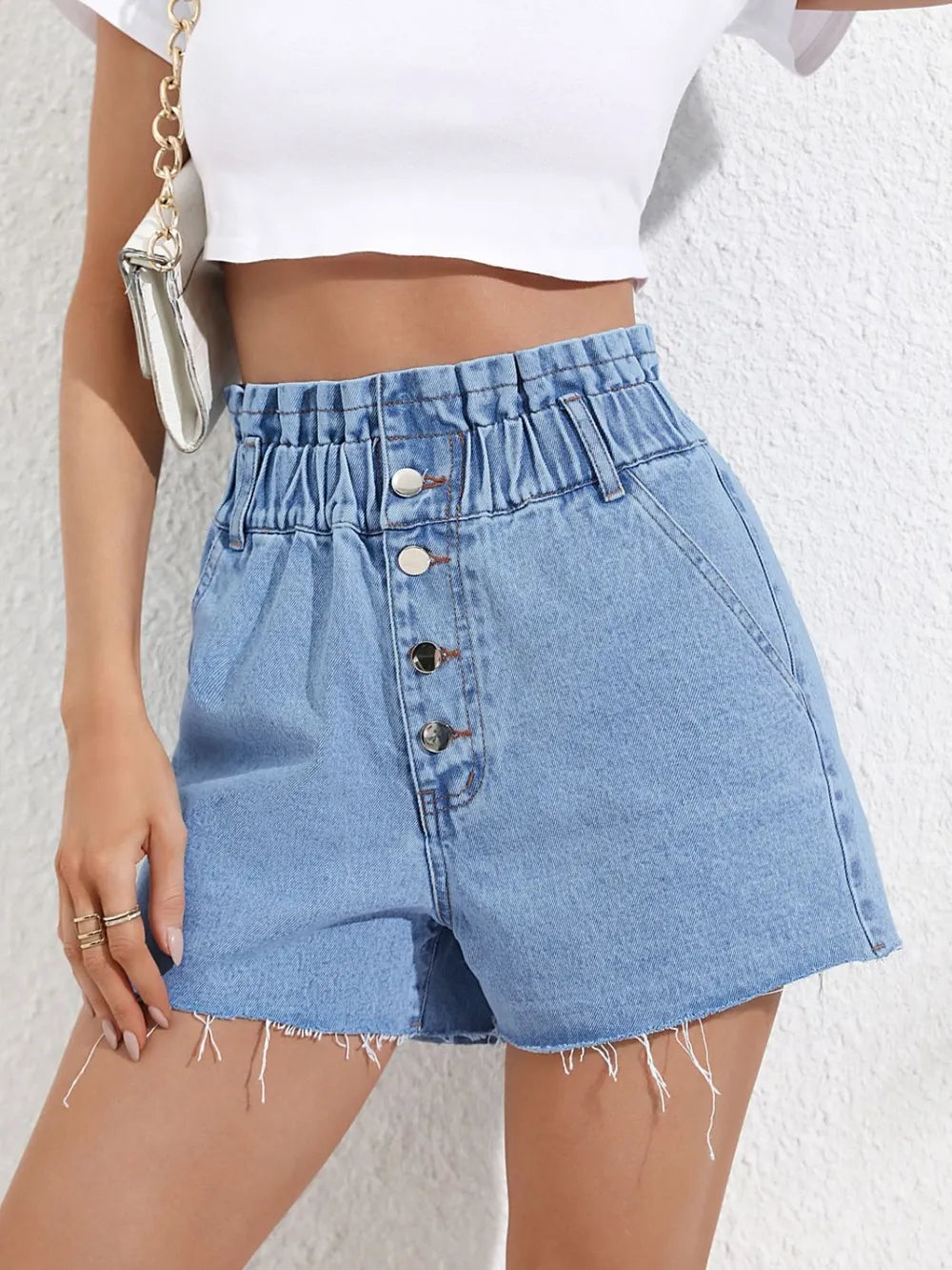 High Waist Frayed Denim Shorts for Women – Loose & Slimming Fit
