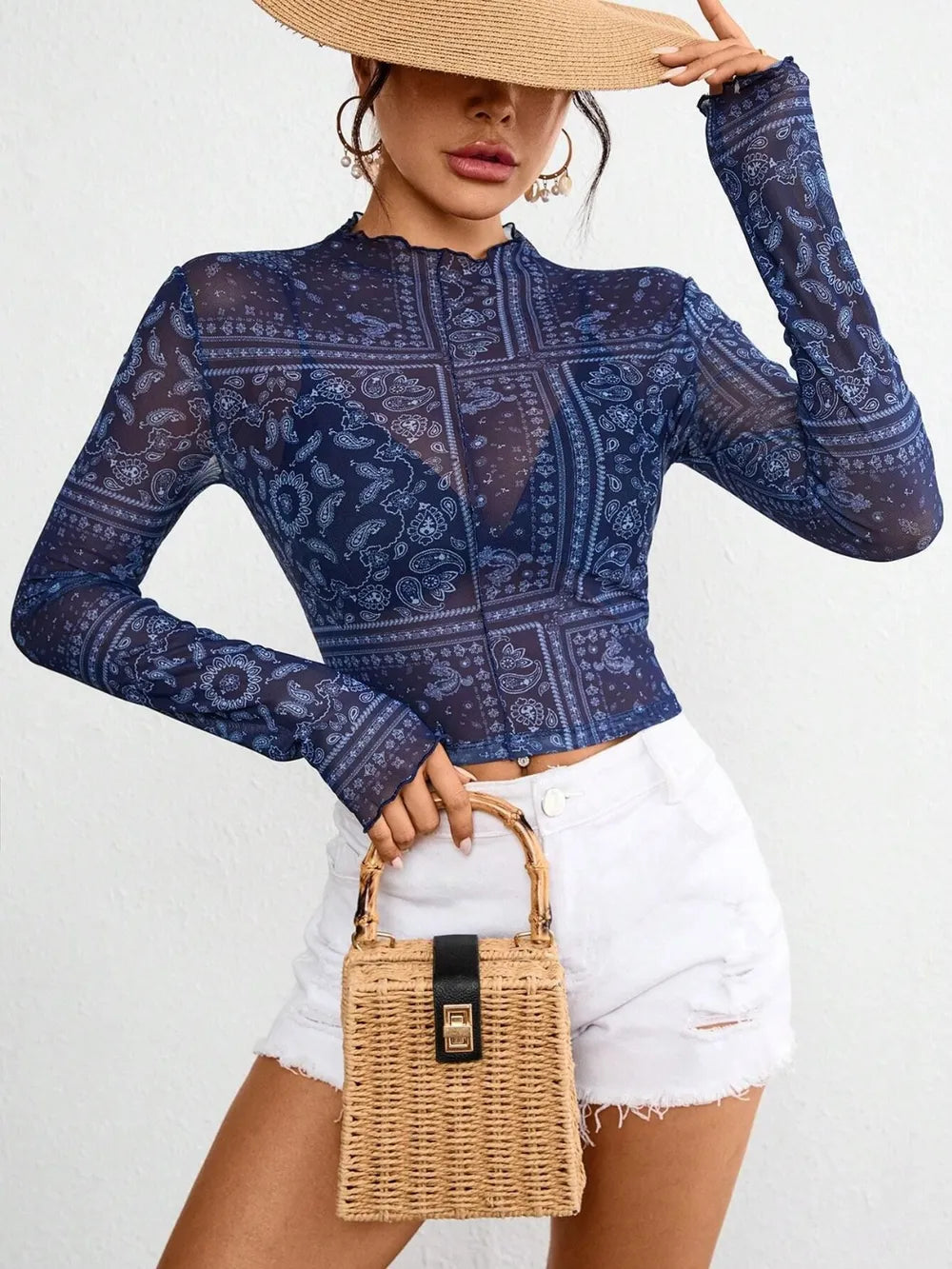 Blusa transparente de cuello alto y manga larga para mujer - foto 4