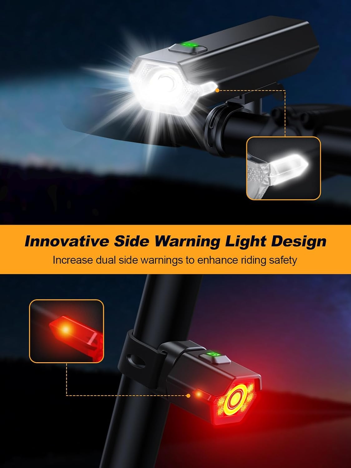 1000 Lumen Super Bright Bike Lights, 4+6 Modes Rechargeable Bicycle Lights Front & Rear with Side Lights, IP65 Waterproof Bike Headlight for Day/Night Riding Safety, Scooter Accessories