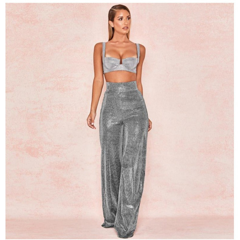 Pantalon de pierna ancha y cintura alta color gris plateado para mujer - foto 3