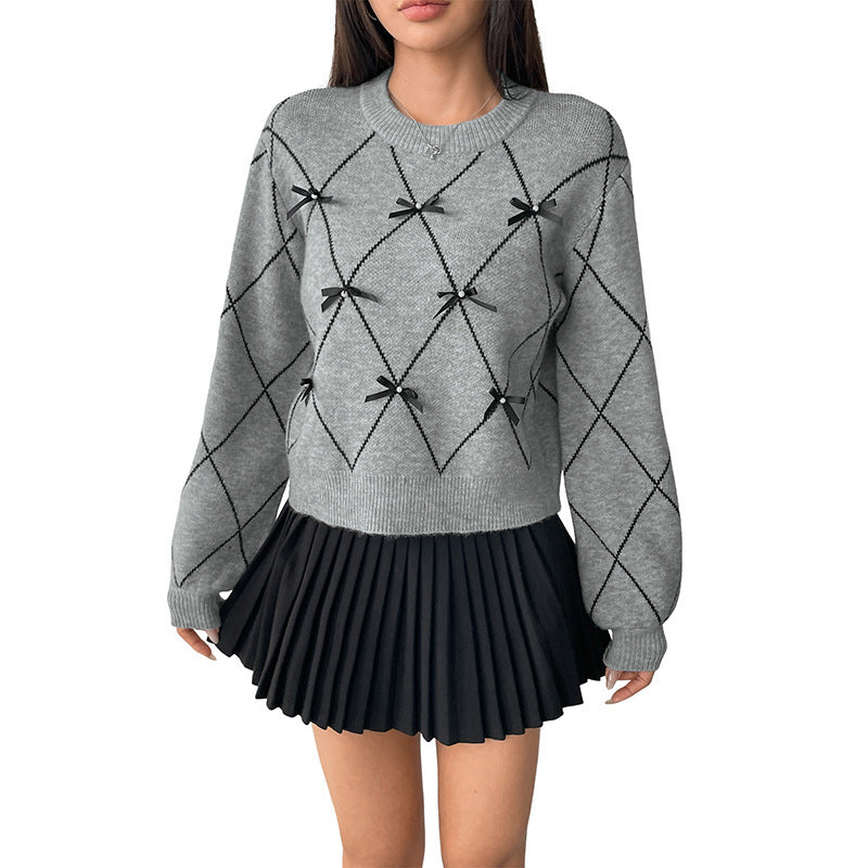 Loose Bow Long Sleeve Pullover Knit Sweater