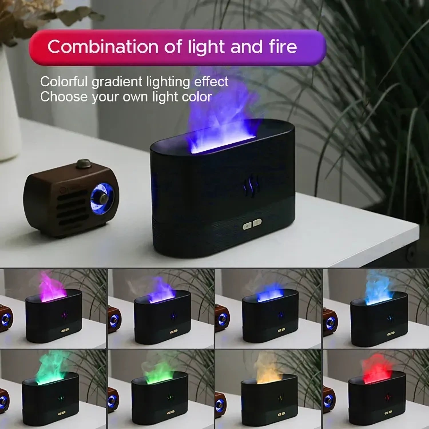 Humidificador, Humidificador Ultrasónico De Niebla Fría Con Luces De Llama De 7 Colores, Difusor De Aceites Esenciales, Para Habitación, Blanco