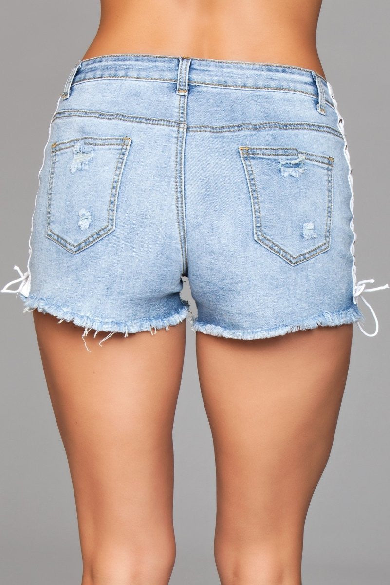 Light Wash Low Rise Denim Shorts for Women – Lace-Up Sides Distressed Booty Shorts | Beach Summer Style