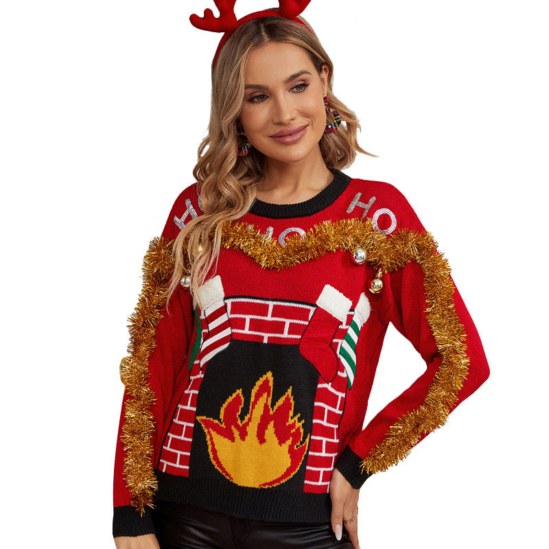 Christmas red sweater pullover with embroidered letters for women, Christmas knit sweater