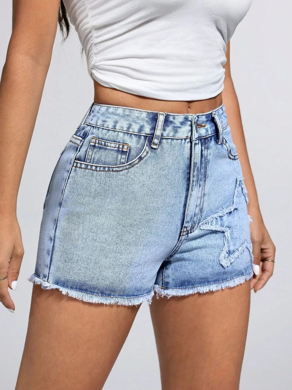 High Waist Denim Shorts for Women – Raw Hem Star Detail