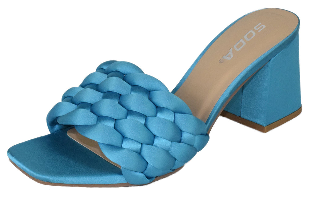 Turquoise Block Heel Sandals for Women – Braided Satin Strappy Heels | Summer Elegance