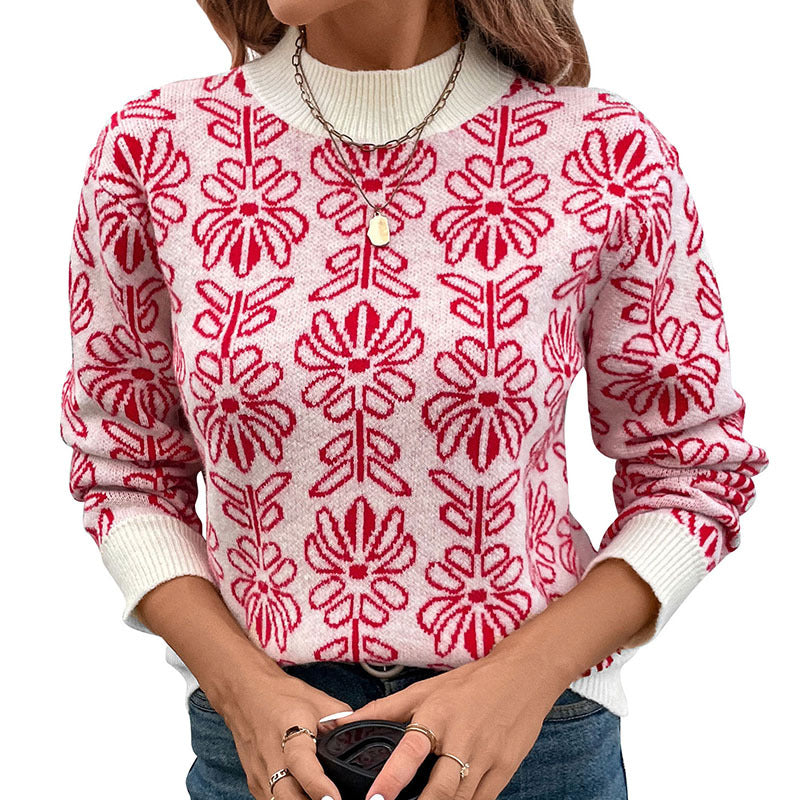 Red Fair Isle Jacquard Long Sleeve Mock Neck Women's Sweater