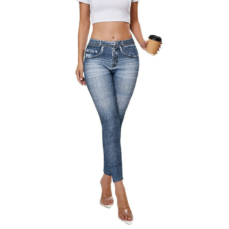 Retro High-Elastic Denim-Like Leggings Butt-Lifting Yoga Pants Denim-Style Yoga Pants Yoga Fitness Wear for Women