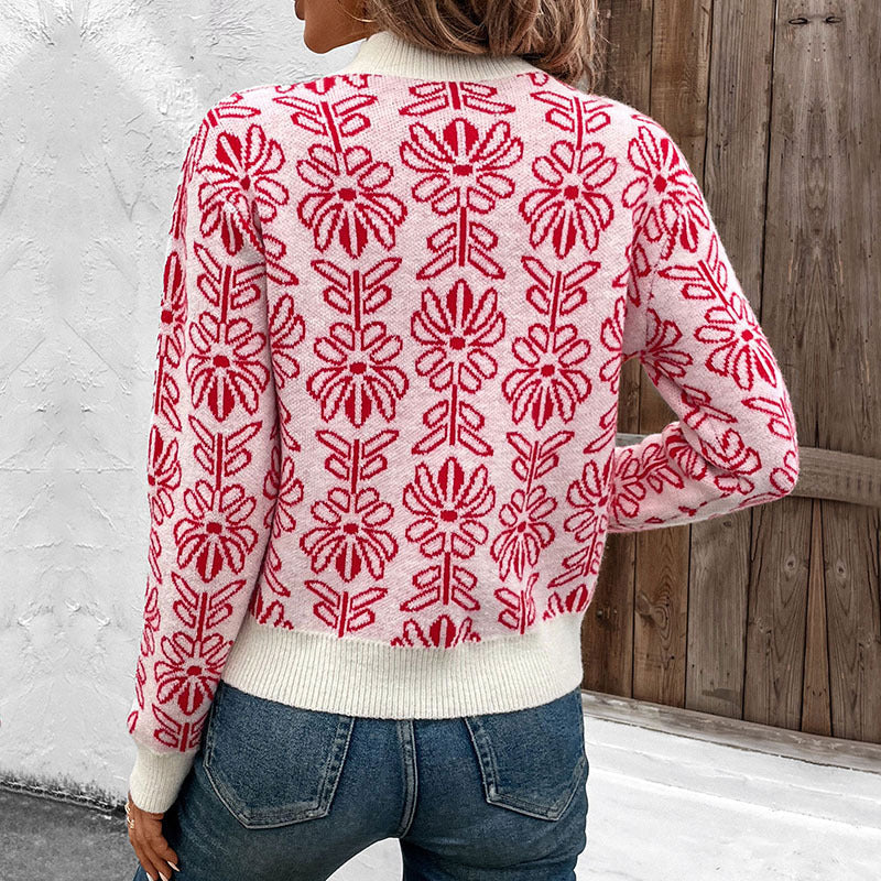 Red Fair Isle Jacquard Long Sleeve Mock Neck Women's Sweater