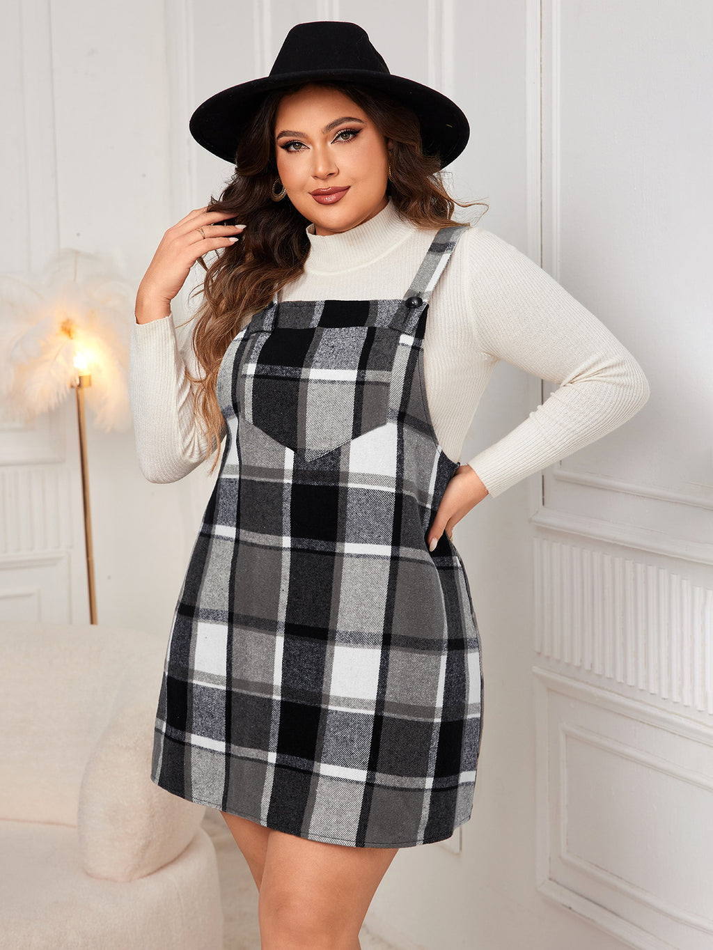 Oversized Plaid Pinafore Mini Dress – Sleeveless