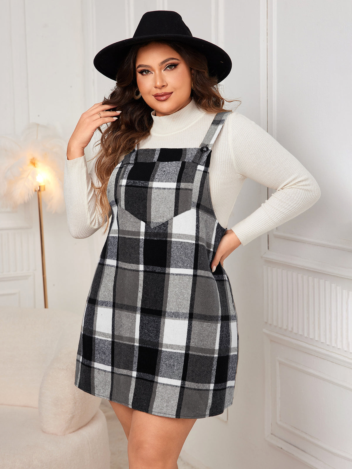 Oversized Plaid Pinafore Mini Dress – Sleeveless