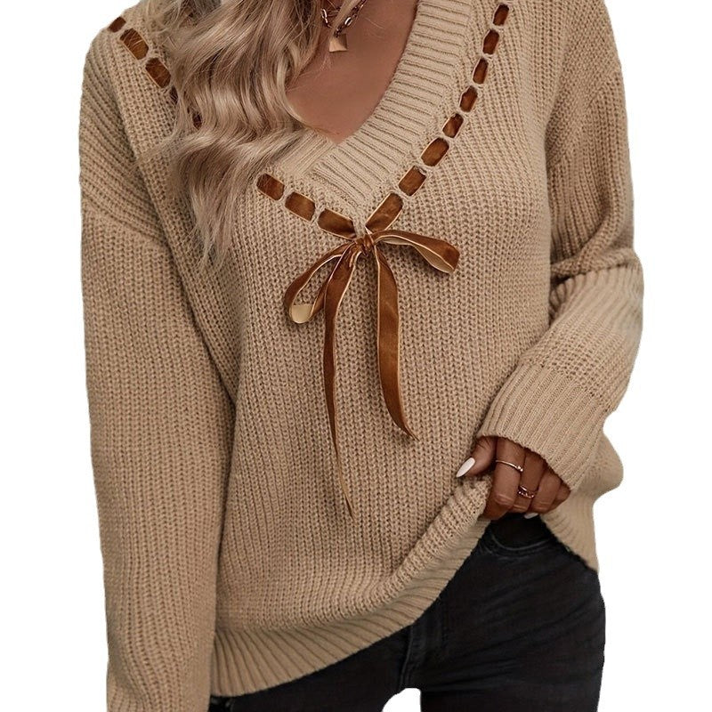 V-neck bow tie versatile pullover top for women