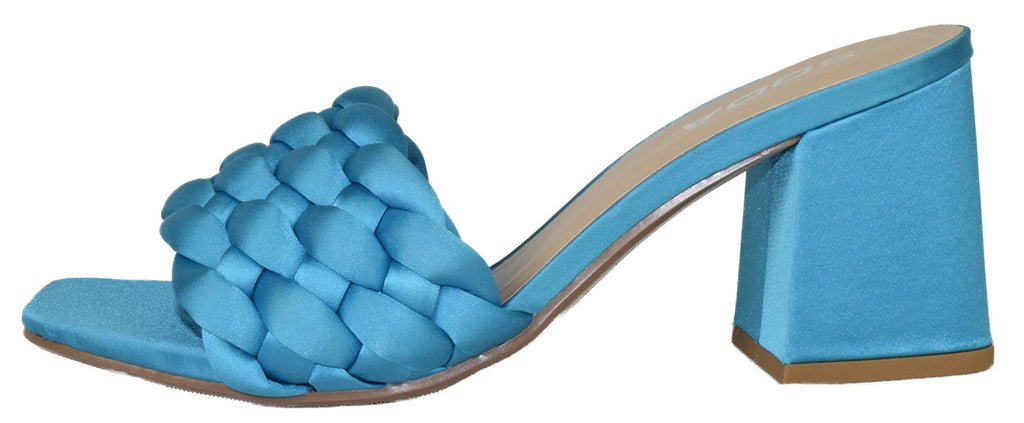 Turquoise Block Heel Sandals for Women – Braided Satin Strappy Heels | Summer Elegance