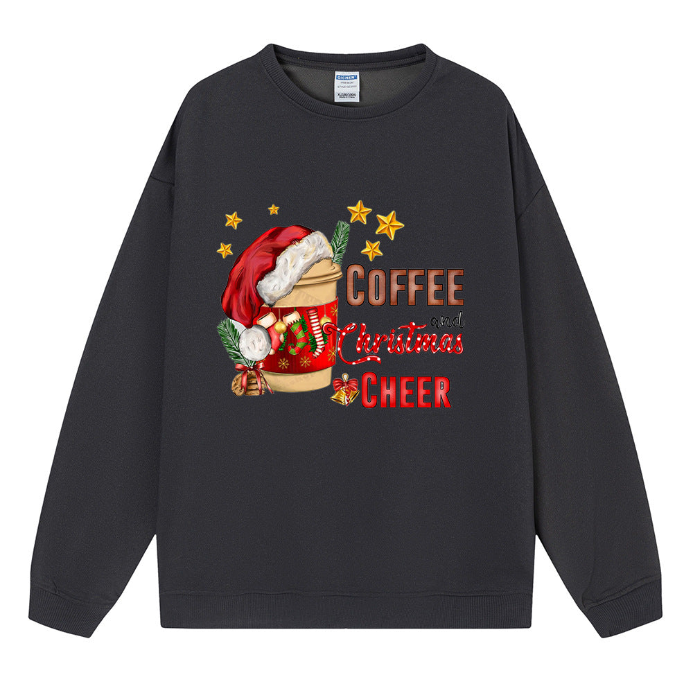 Christmas coffee women's off shoulder long sleeve top - fabric close-up