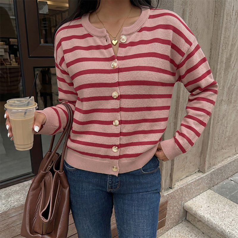 Red Striped Christmas Long Sleeve Knit Cardigan Sweater for Women