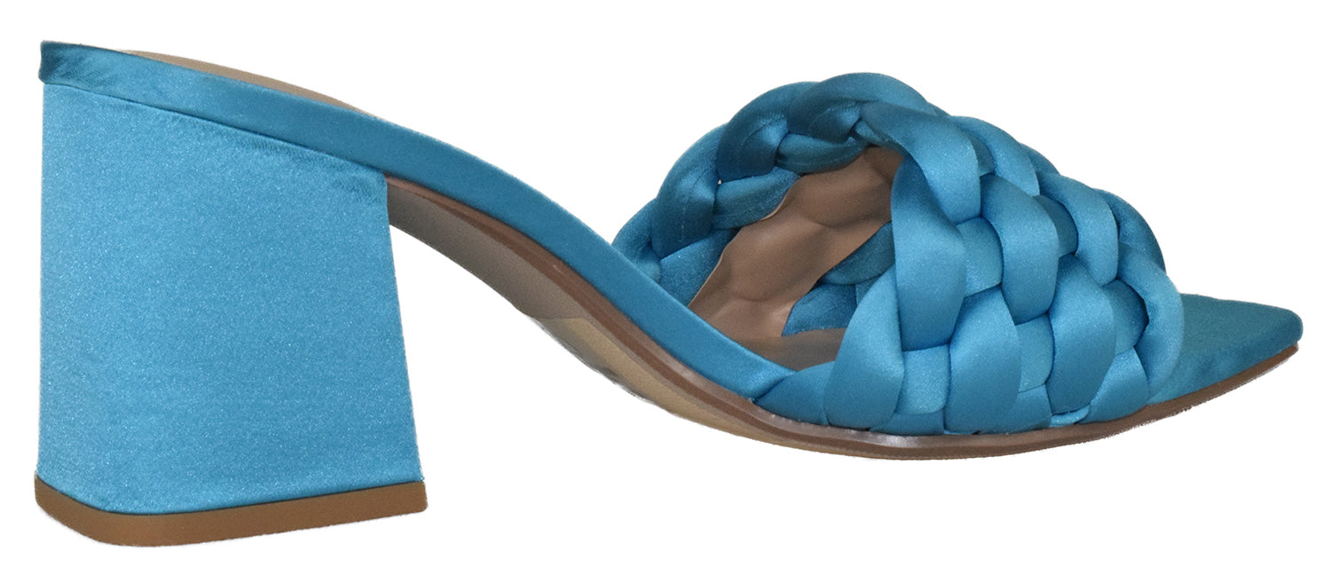 Turquoise Block Heel Sandals for Women – Braided Satin Strappy Heels | Summer Elegance