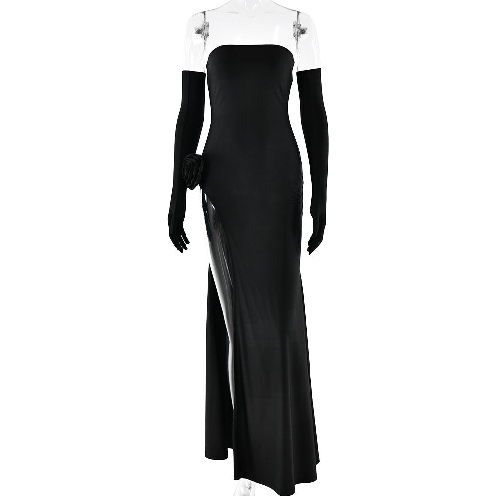 Vestido largo sin tirantes con incrustacion floral y espalda descubierta - foto 5