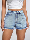 High Waist Denim Shorts for Women – Raw Hem Star Detail