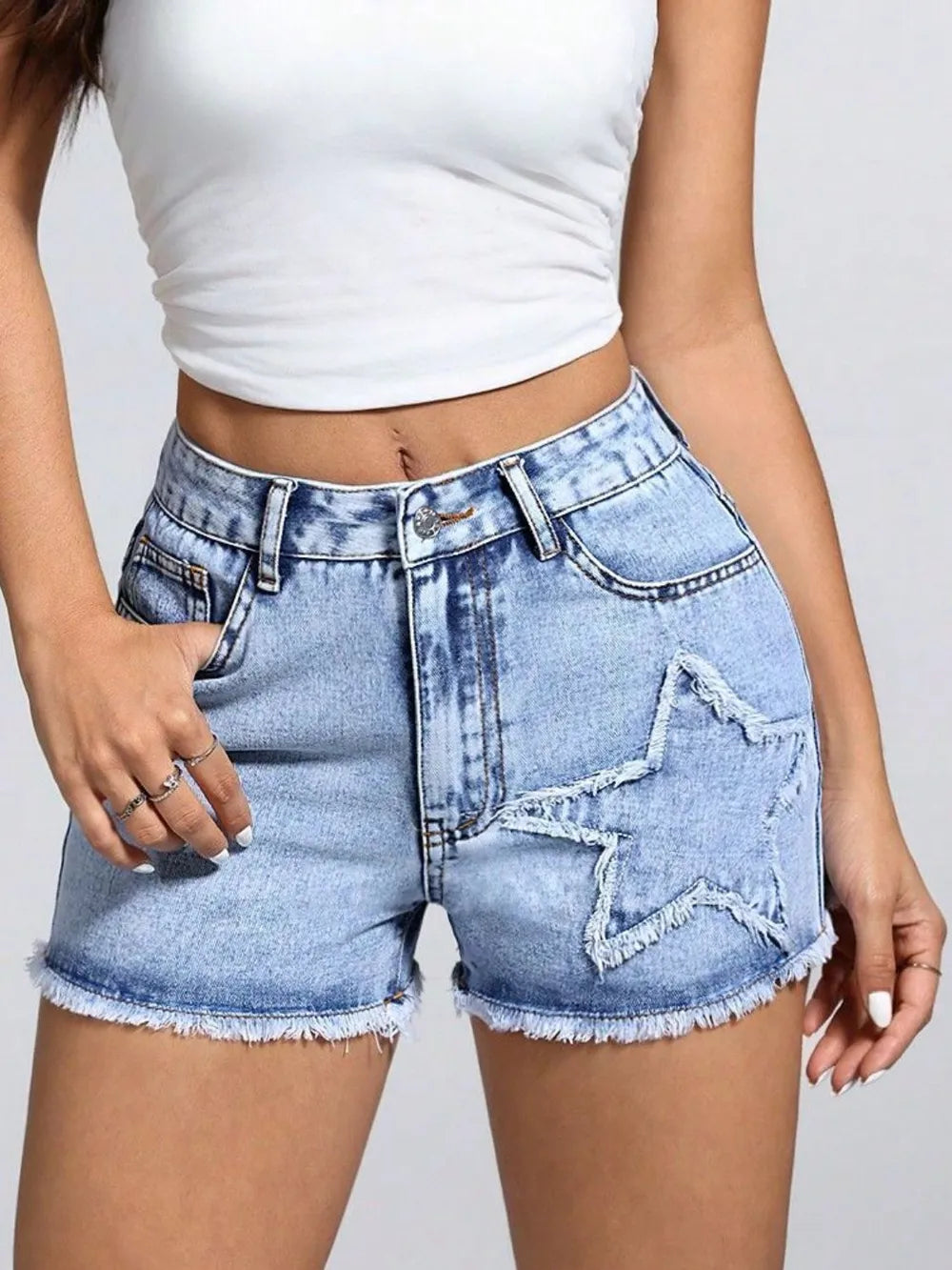 High Waist Denim Shorts for Women – Raw Hem Star Detail