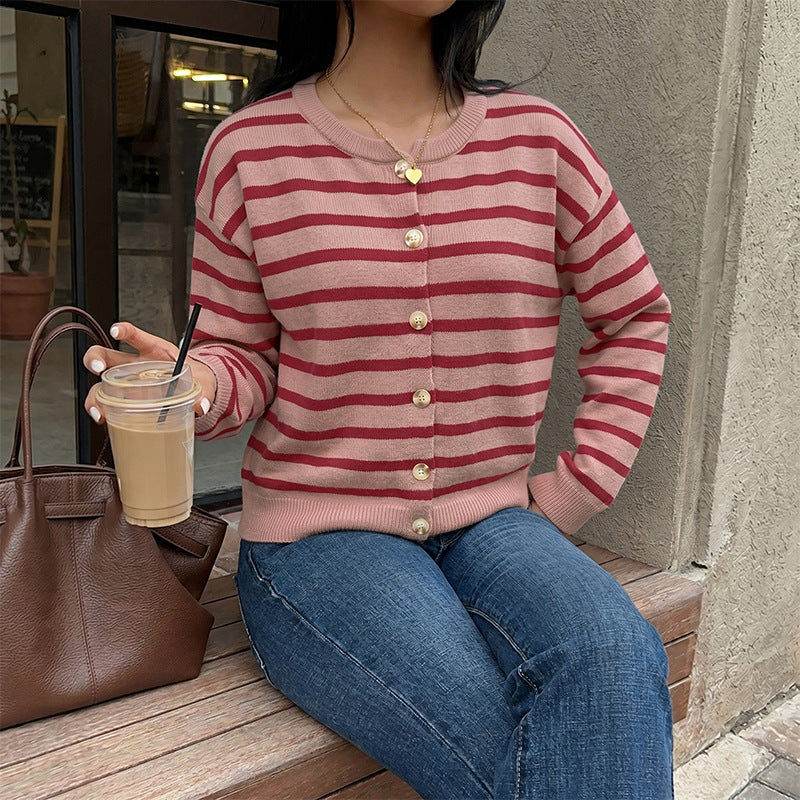Red Striped Christmas Long Sleeve Knit Cardigan Sweater for Women