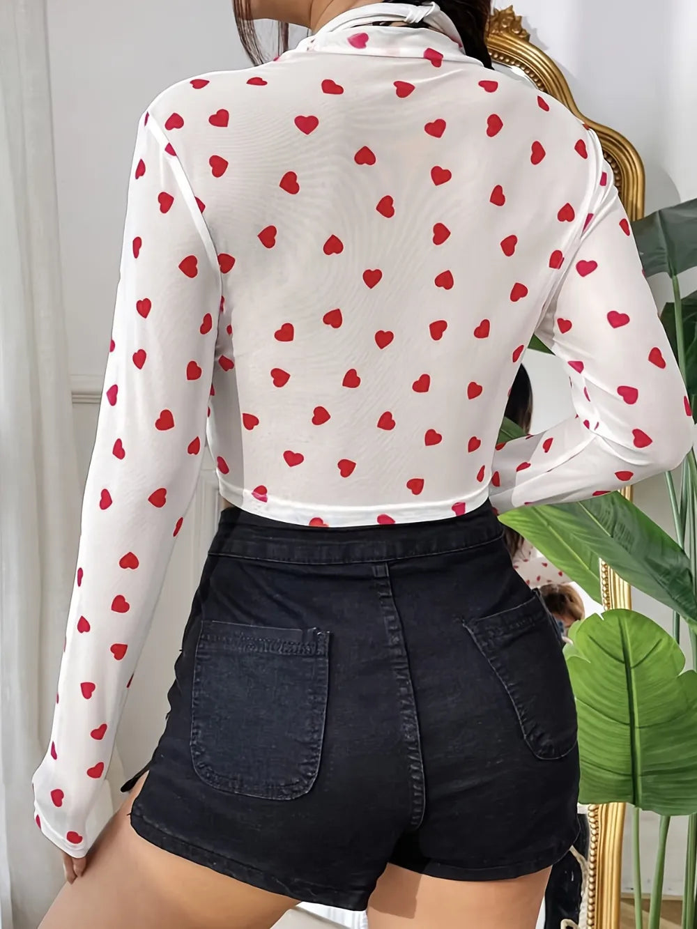Blusa transparente de cuello redondo tipo corazon y manga larga para mujer - foto 5