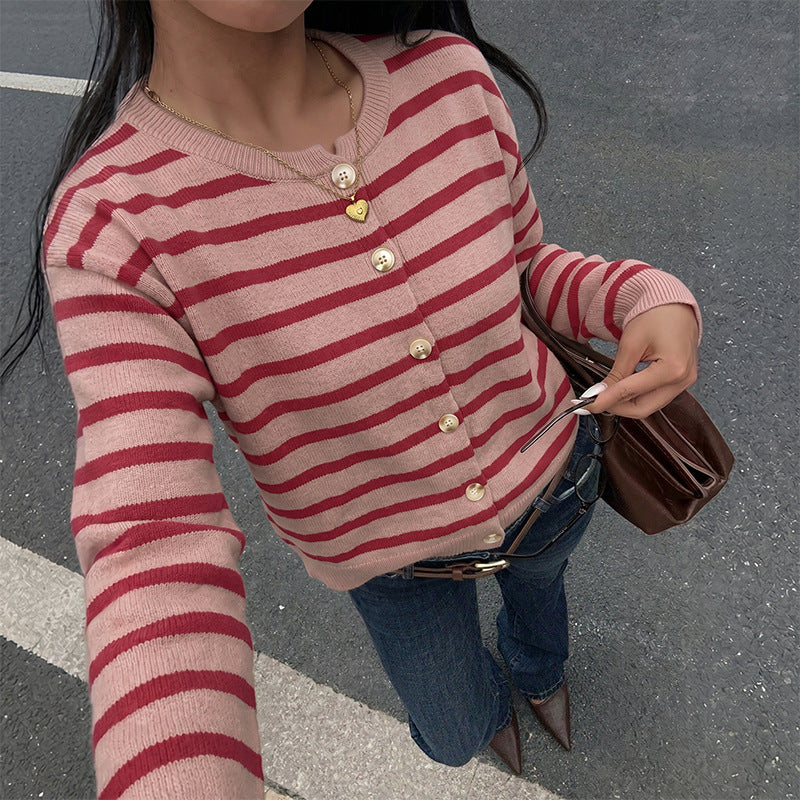 Red Striped Christmas Long Sleeve Knit Cardigan Sweater for Women