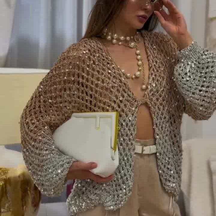 Cardigan tejido con cuello en V y diseno calado degradado - foto 1