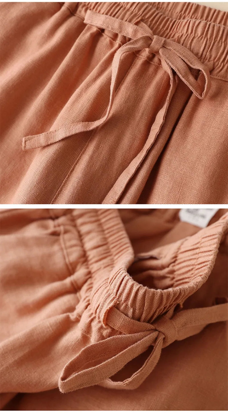 2026 Summer Women Pants Cotton Linen Elastic Waist Wide-leg Trousers Casual Lightweight Solid Palazzo Pantalones De Mujer