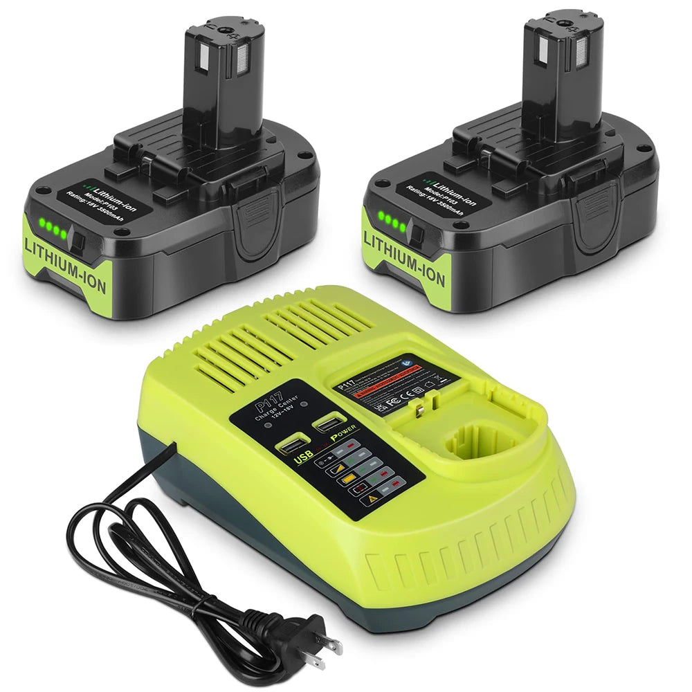 2 Pack 3.5Ah For Ryobi 18V Battery and  Charger Combo Compatible for Ryobi ONE+ Battery P102 P103 P104 P105 P107 P109 P117 P190