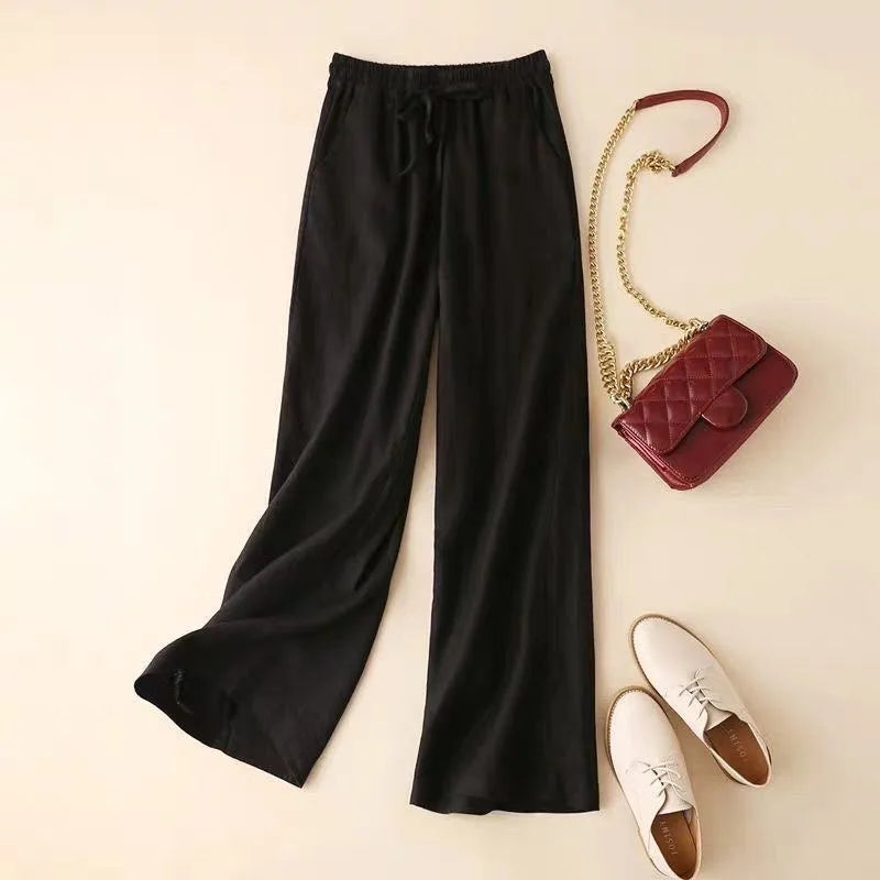 2026 Summer Women Pants Cotton Linen Elastic Waist Wide-leg Trousers Casual Lightweight Solid Palazzo Pantalones De Mujer