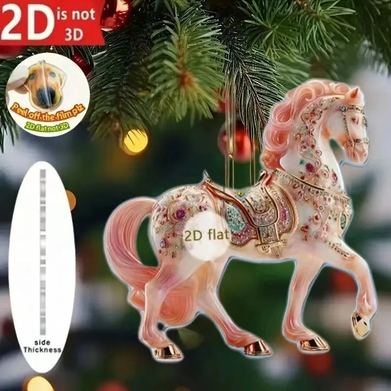 2D Acrylic Horse Car Rearview Mirror Pendant Charm Christmas Tree Ornament Party New Year Hanging Decoration Drop Ornaments